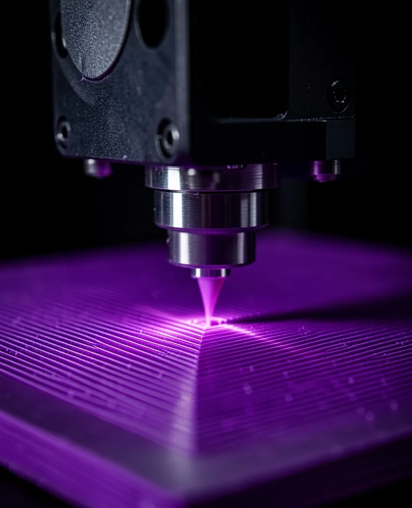Boquilla de impresora 3D extruyendo material en cámara oscura con luz violeta