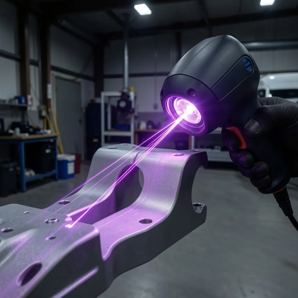 Escáner 3D digitalizando una pieza metálica con láser violeta
