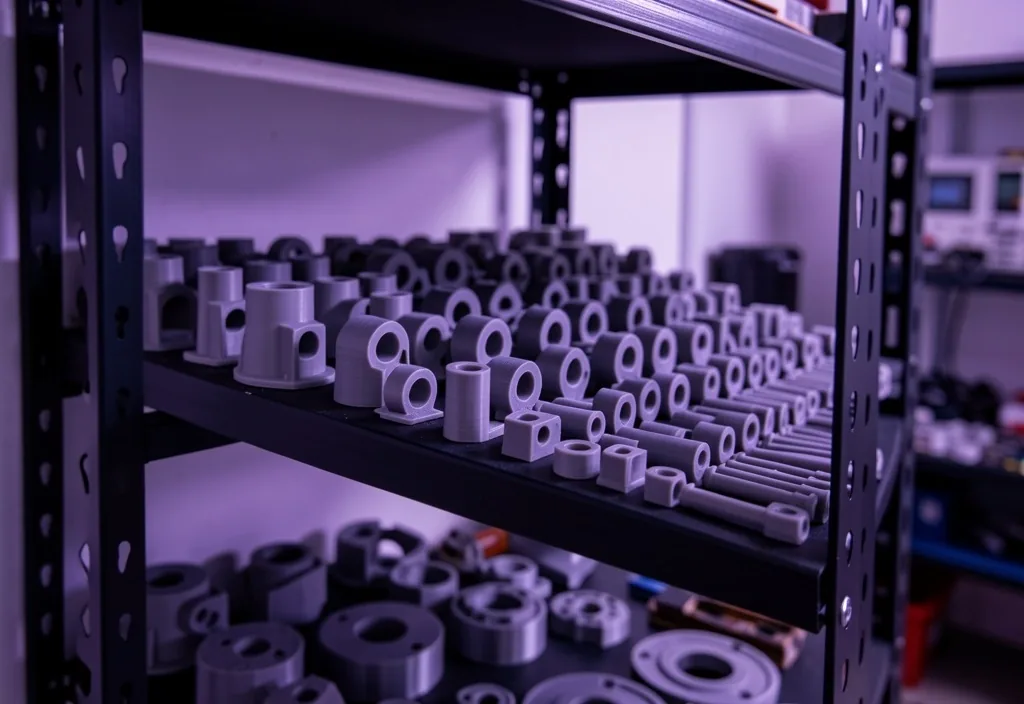 Inventario de piezas impresas en 3D en estantes de taller