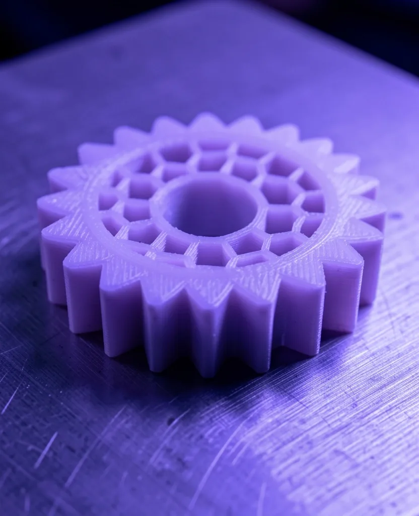 Pieza 3D con patrón de relleno visible bajo luz violeta