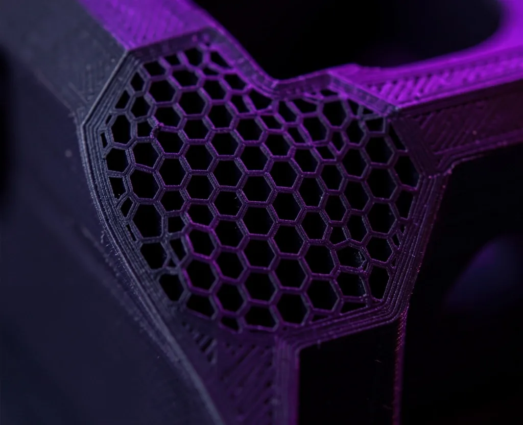 Detalle de pieza impresa en 3D con patrón de relleno visible