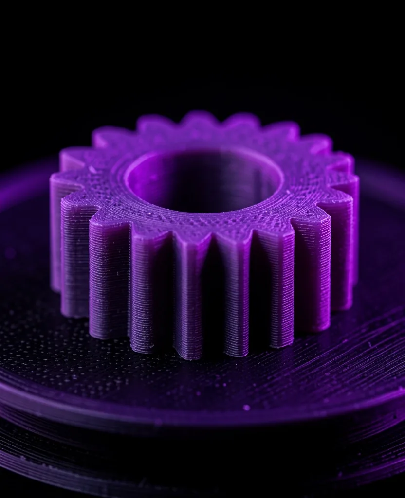 Engrane impreso en 3D con iluminación violeta sobre base oscura