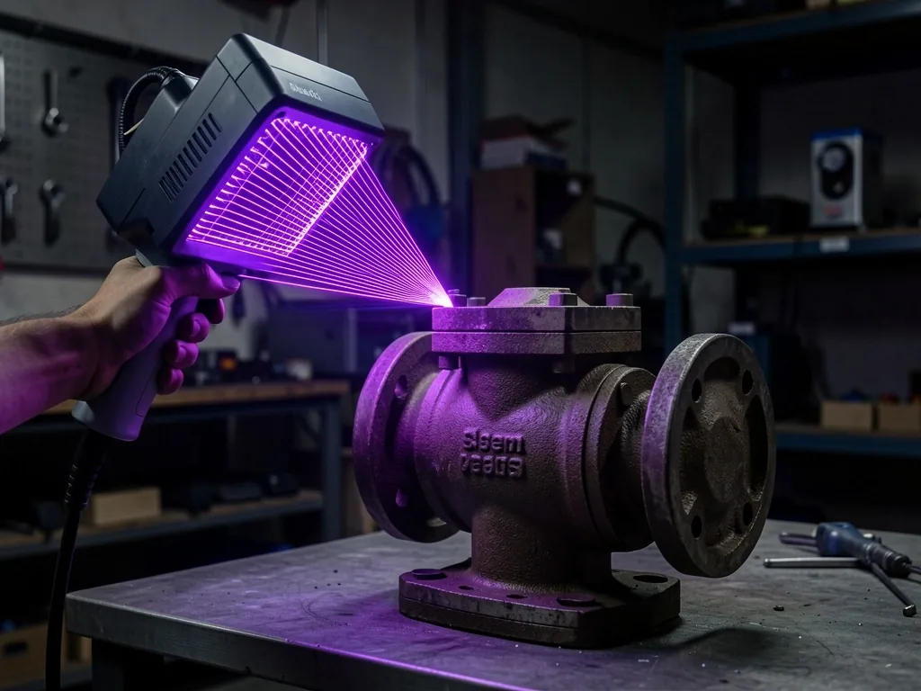 Dispositivo de escaneo 3D por luz estructurada proyectando rejilla sobre una pieza metálica