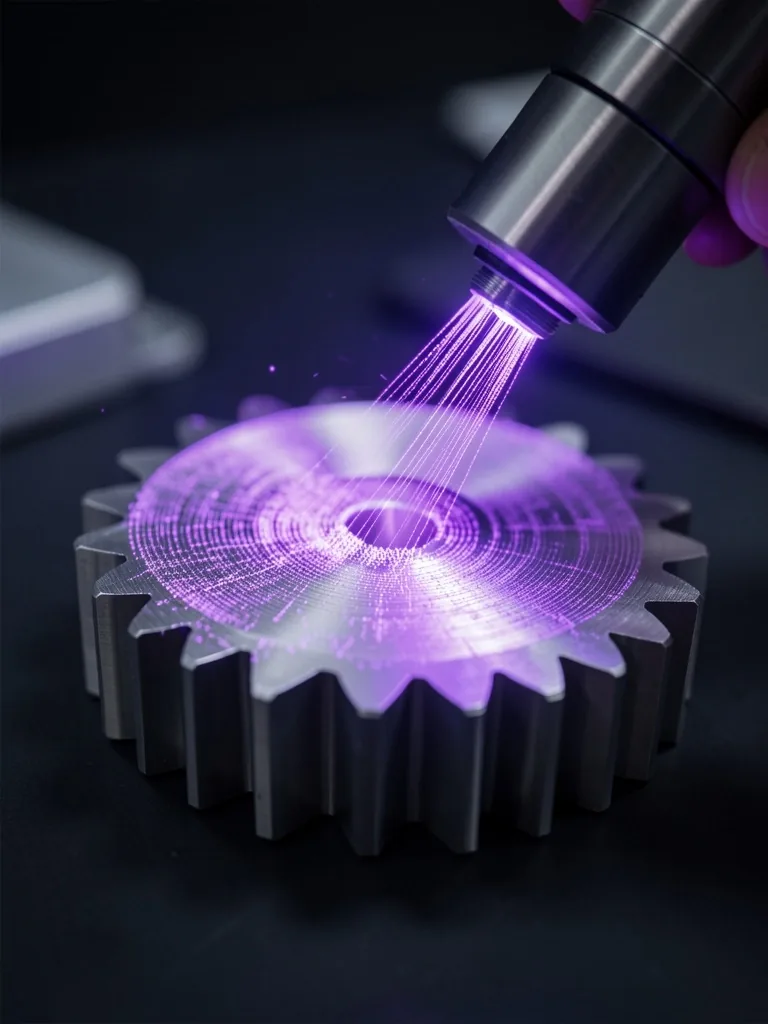 Escáner 3D proyectando líneas de luz estructurada sobre una pieza mecánica