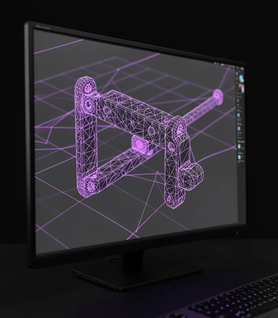 Modelo CAD con malla triangular visible en pantalla de software de diseño 3D
