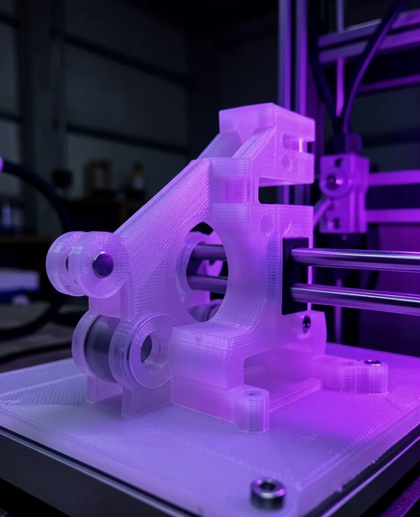 Detalle de pieza impresa en 3D con iluminación violeta de curado