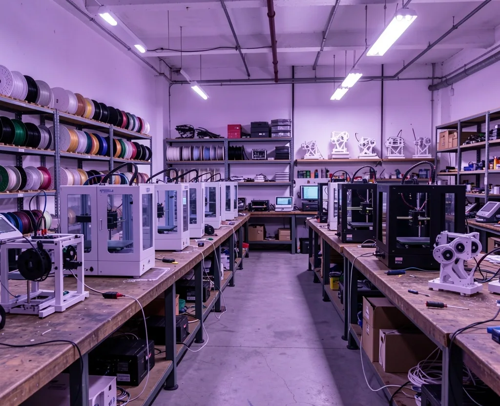 Interior del taller de fabricación digital con impresoras 3D y herramientas