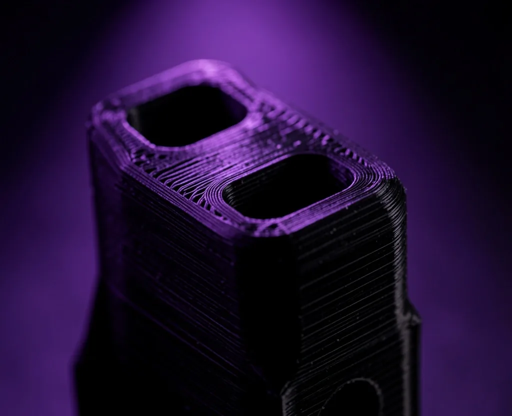 Pieza de impresión 3D con detalle de capas bajo luz violeta
