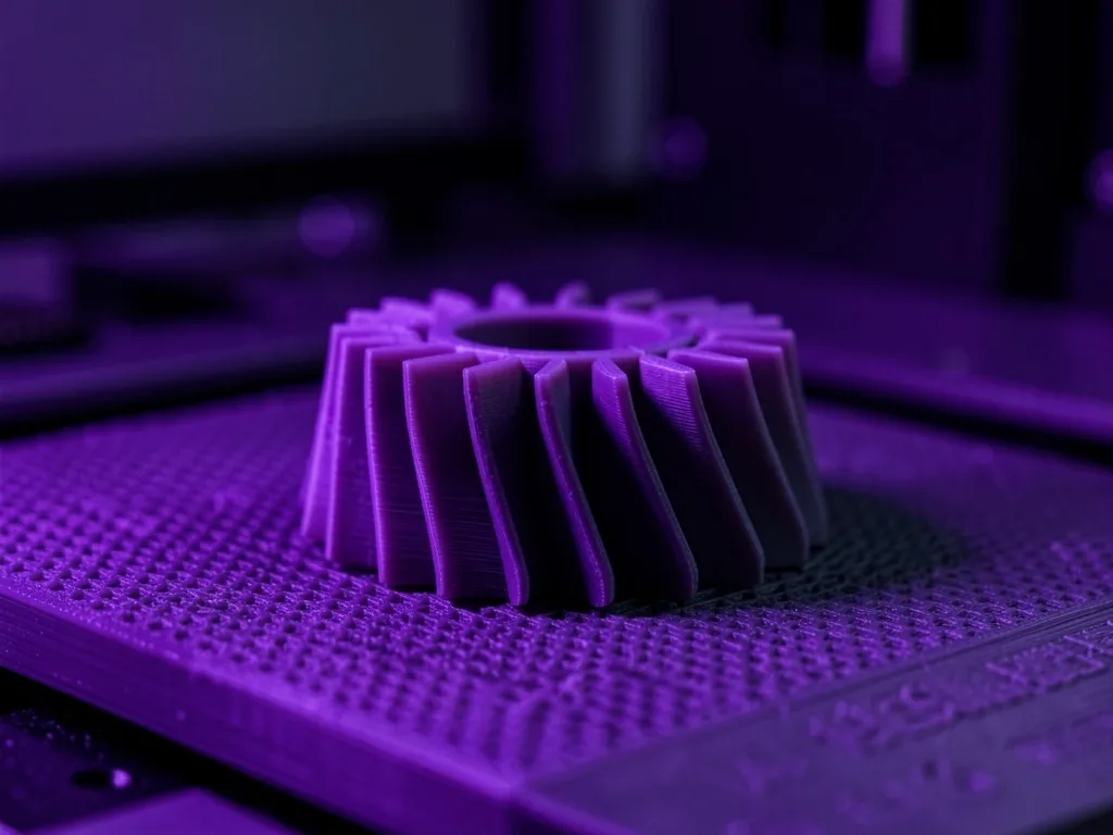 Pieza impresa en 3D con detalle de líneas de capa sobre plataforma de impresión